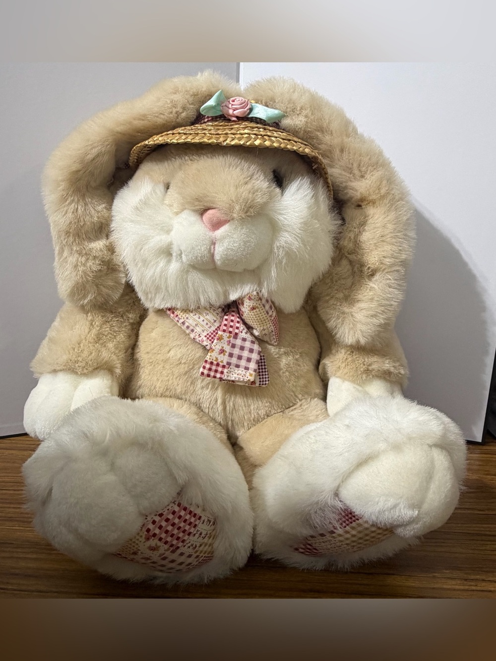 Plush Beige Bunny with Pink Accents and Straw Visor